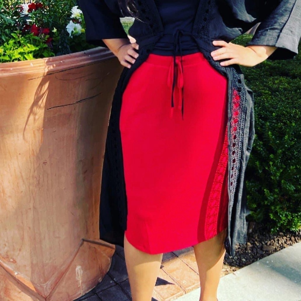 Red Midi Skirt with Side Lace Panel